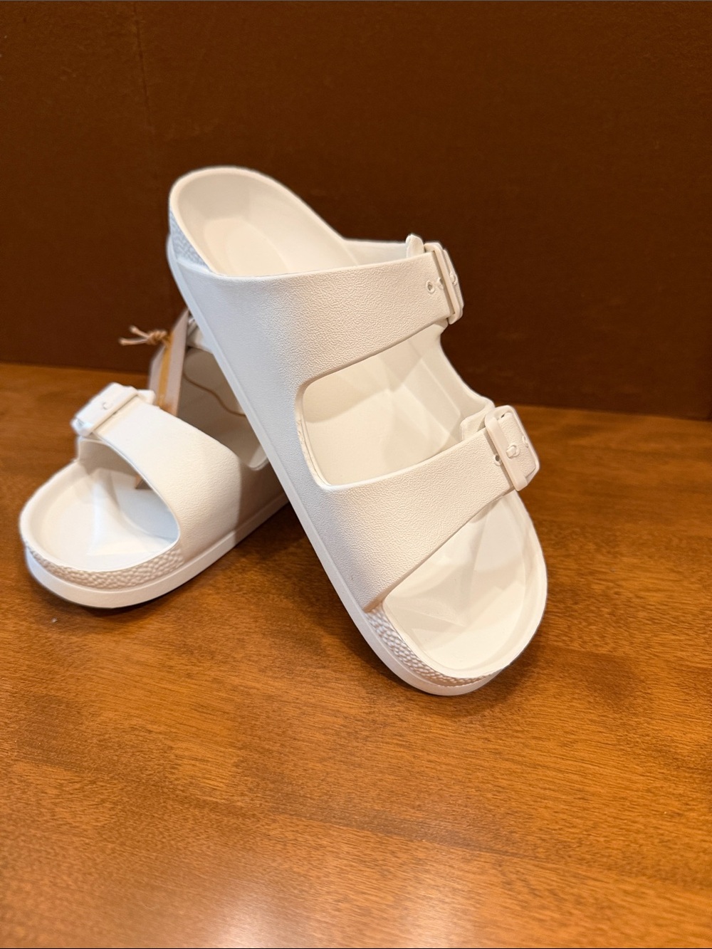 Women’s White Double-Strap Slide Sandals with Buckle